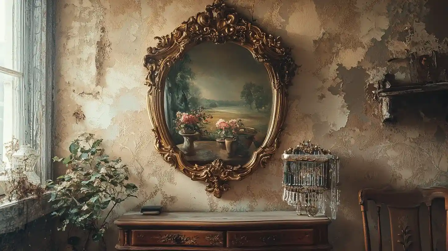This image showcases a beautifully crafted vintage wall mirror that reflects timeless elegance and classic European charm.