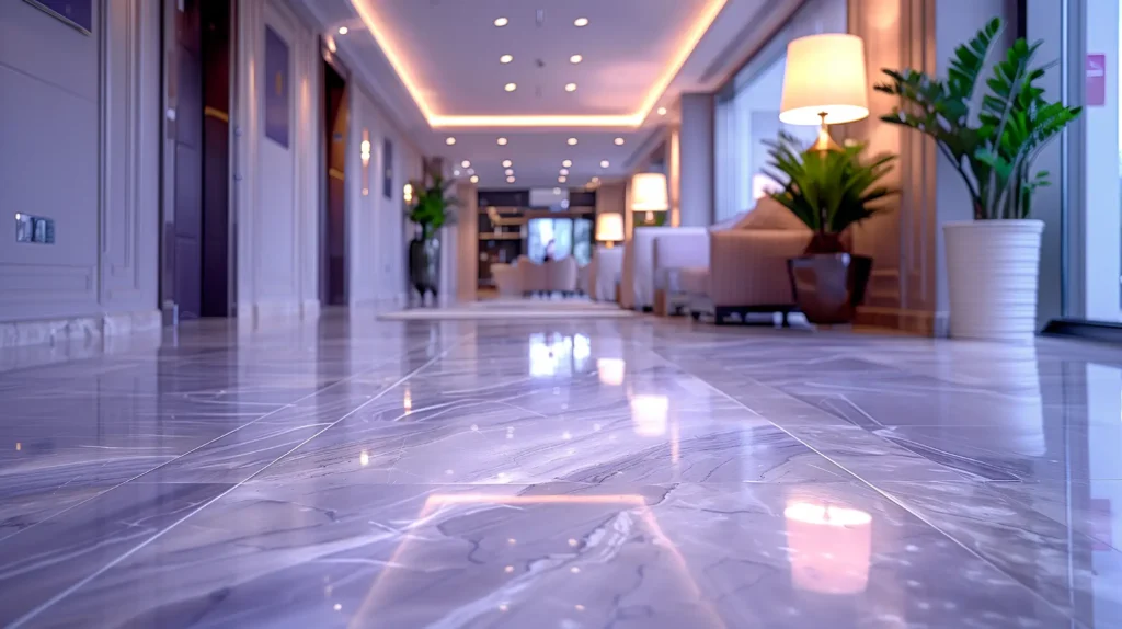 Low-angle view of a glossy marble tile floor in a modern hallway with warm ceiling lights, indoor plants, and elegant seating in the background.