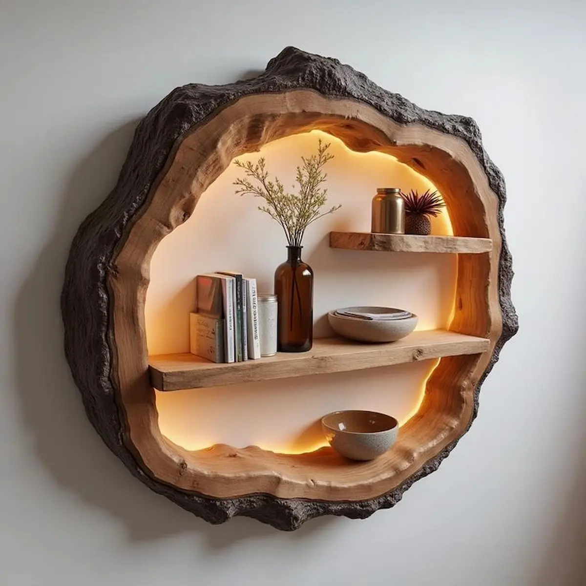 Minimalist floating wood shelf interior design