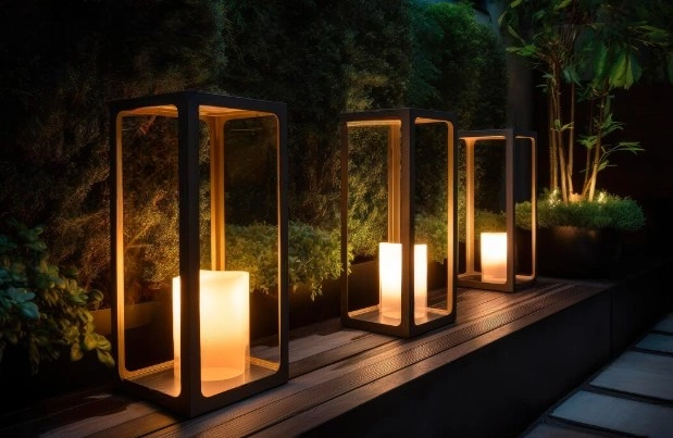 Modern outdoor lantern with clean lines and minimalistic design, ideal for contemporary patios, gardens, and exterior spaces.
