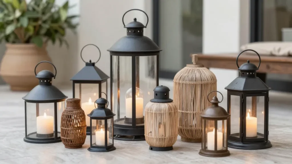 Stunning evening patio scene showcasing the beautiful design contrast of modern vs rustic outdoor lanterns.