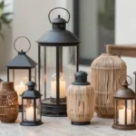 Stunning evening patio scene showcasing the beautiful design contrast of modern vs rustic outdoor lanterns.