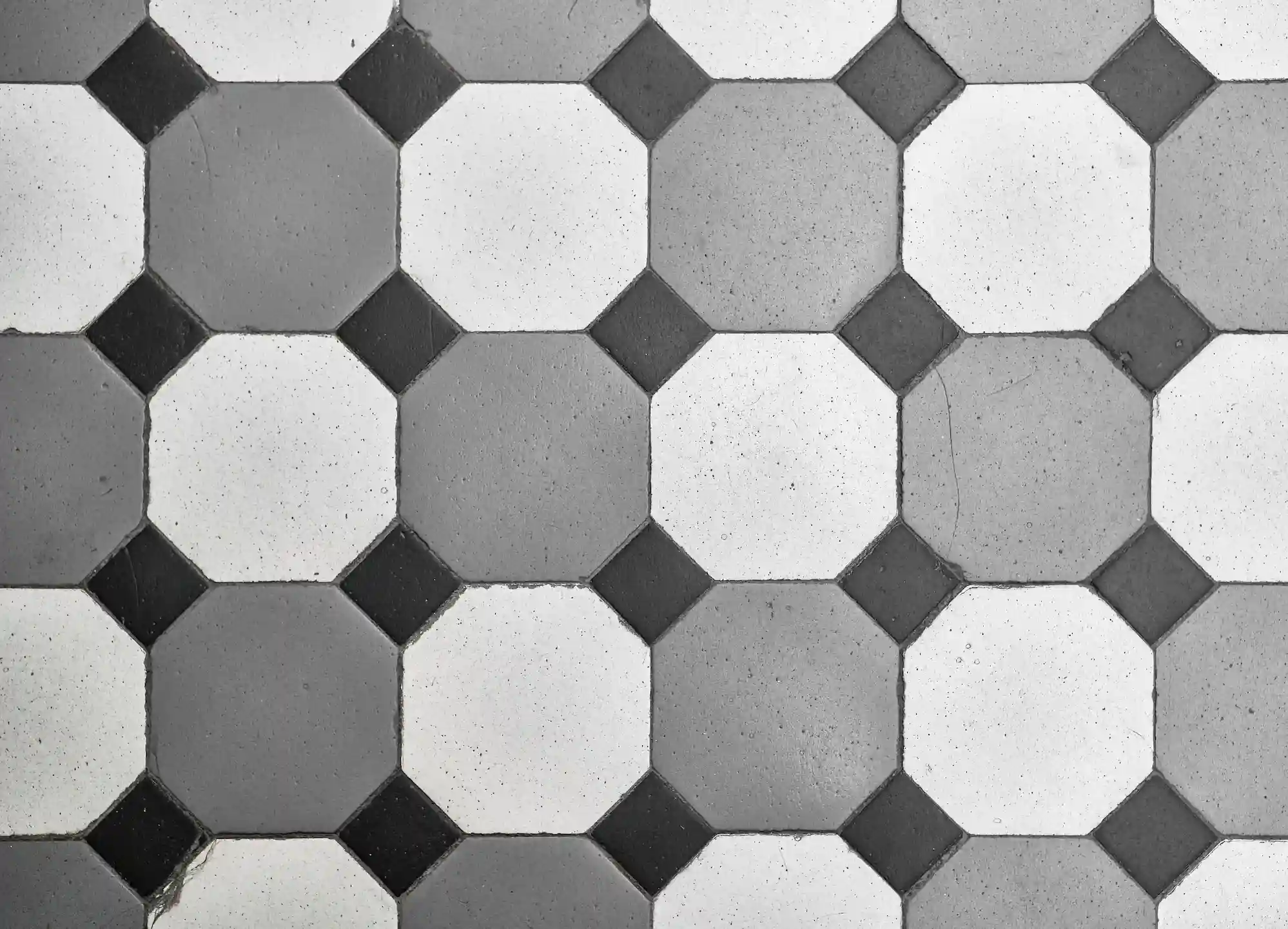Black and white octagonal ceramic floor tiles with small dark square accents arranged in a classic geometric pattern.