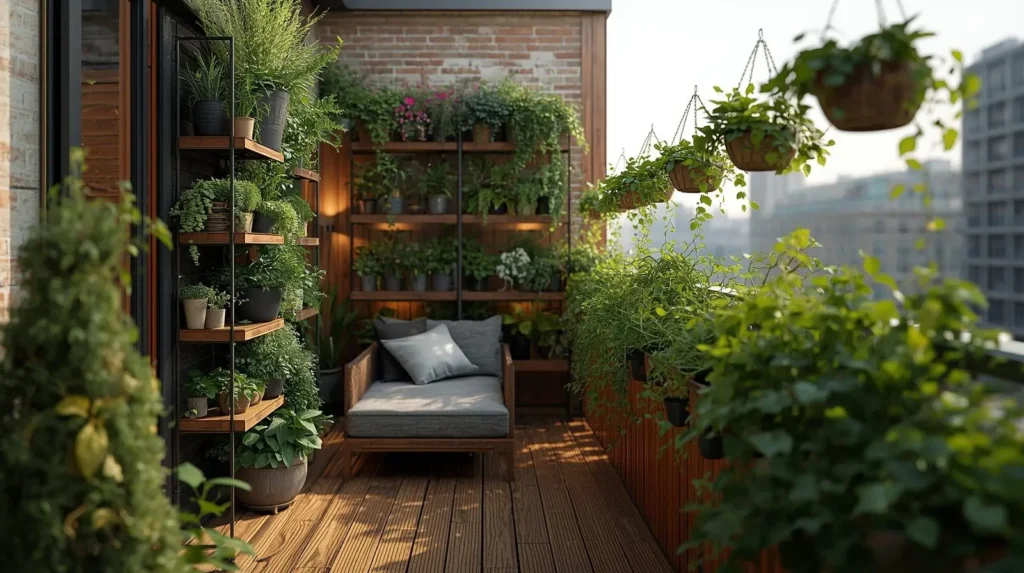 Small rental apartment balcony transformed into a cozy garden with vertical plant shelves, hanging rail planters, wooden deck tiles, and compact seating.