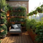 Small rental apartment balcony transformed into a cozy garden with vertical plant shelves, hanging rail planters, wooden deck tiles, and compact seating.