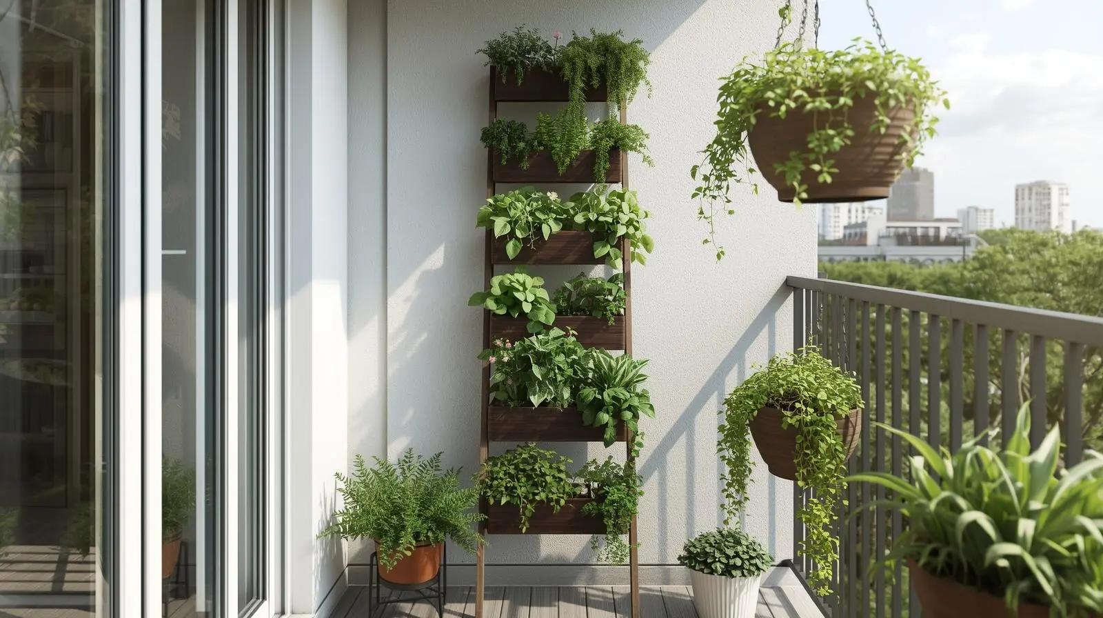 Vertical balcony garden with ladder shelf and hanging baskets filled with herbs and succulents in a modern rental apartment.