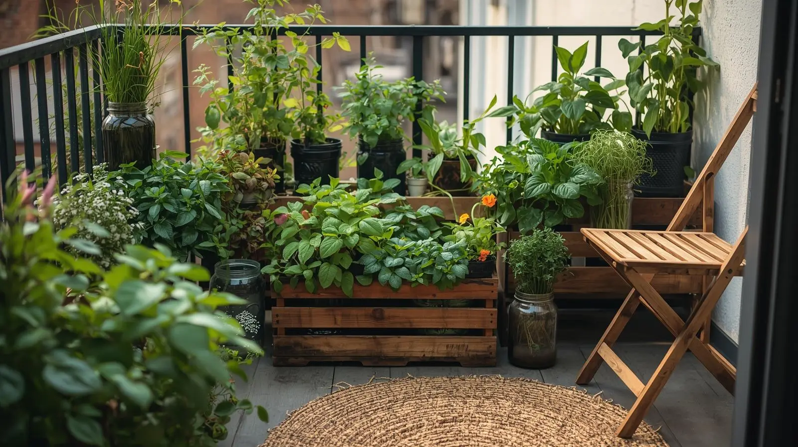 DIY balcony garden in a rental apartment using recycled jars, wooden crates, outdoor rug, and foldable chair.