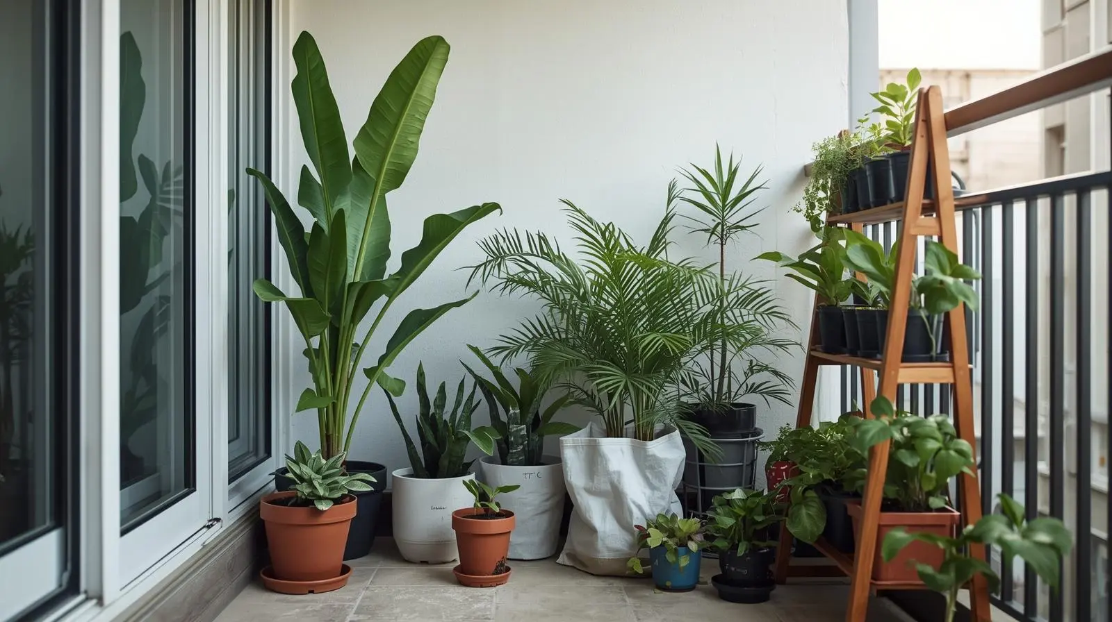 Lightweight renter-friendly plant containers on a small balcony, including fabric grow bags, plastic pots, and hanging rail planters.