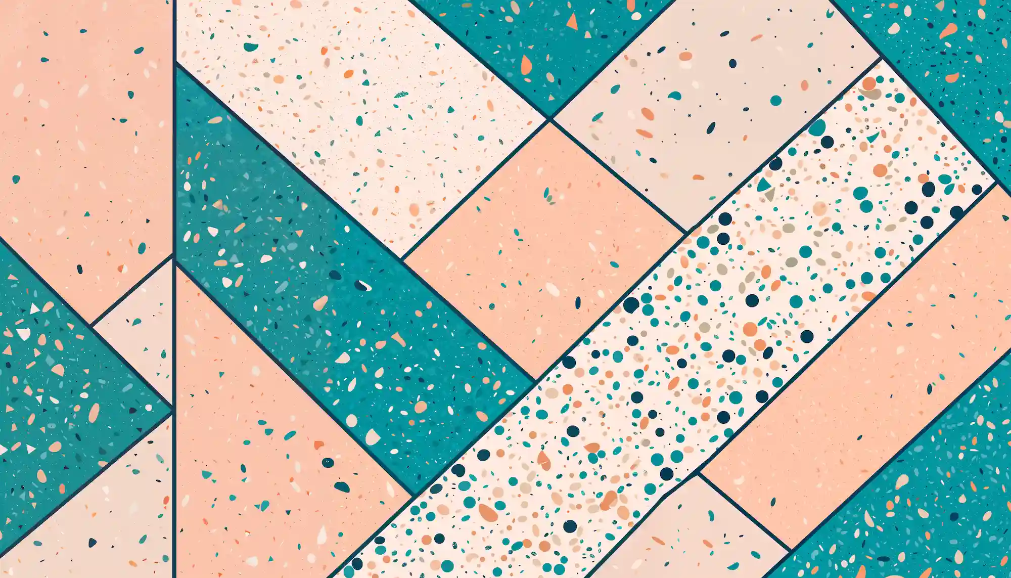 Geometric terrazzo tile pattern featuring diagonal peach and teal rectangular tiles with speckled textures arranged in a modern herringbone-style layout.