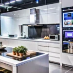 Modern smart kitchen with automated home appliances, including smart ovens, touchscreen refrigerator, and connected cooking devices in a sleek contemporary design.