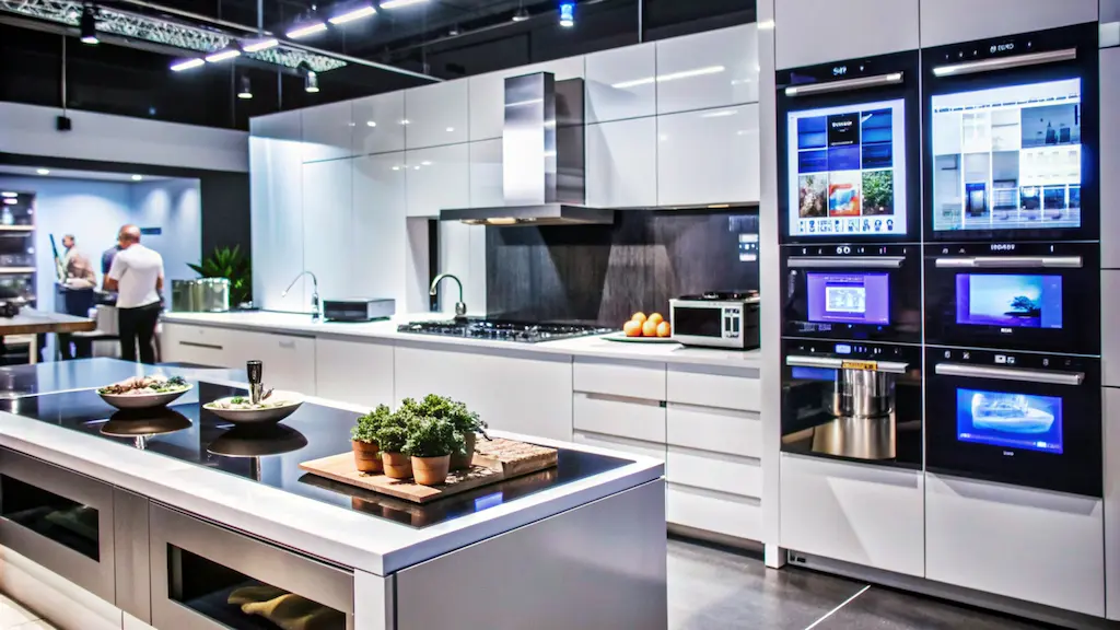 Modern smart kitchen with automated home appliances, including smart ovens, touchscreen refrigerator, and connected cooking devices in a sleek contemporary design.