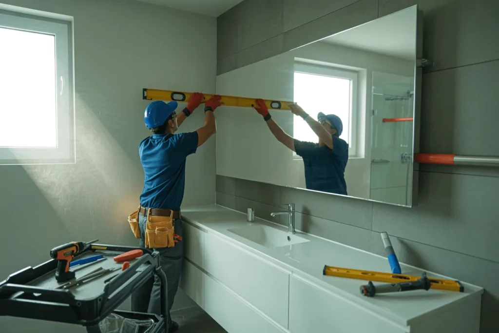 A technician carefully measuring and adjusting a large bathroom mirror on the wall to ensure proper alignment during removal.
