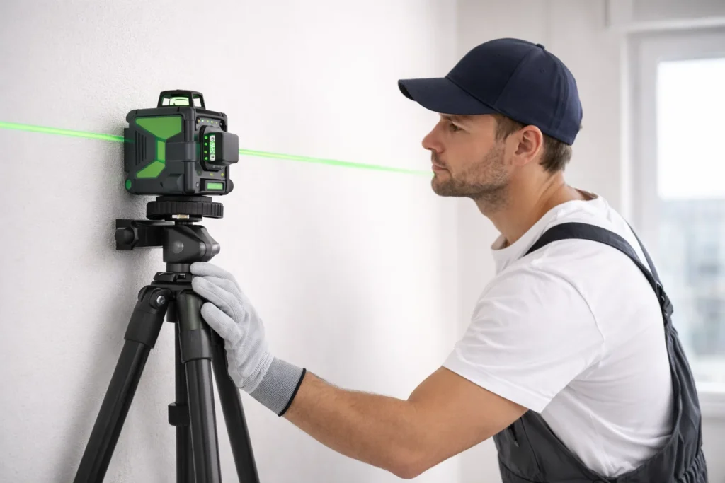 Worker using a laser level on a tripod to project a green horizontal line on a wall for accurate wall leveling before tiling.