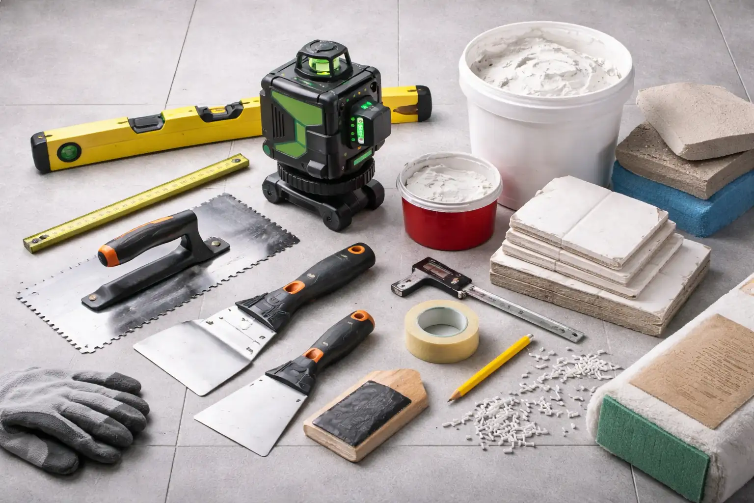 Tools and materials for leveling walls, including a laser level, spirit level, putty knives, trowel, measuring tools, wall filler, tiles, and safety gloves arranged on a floor.