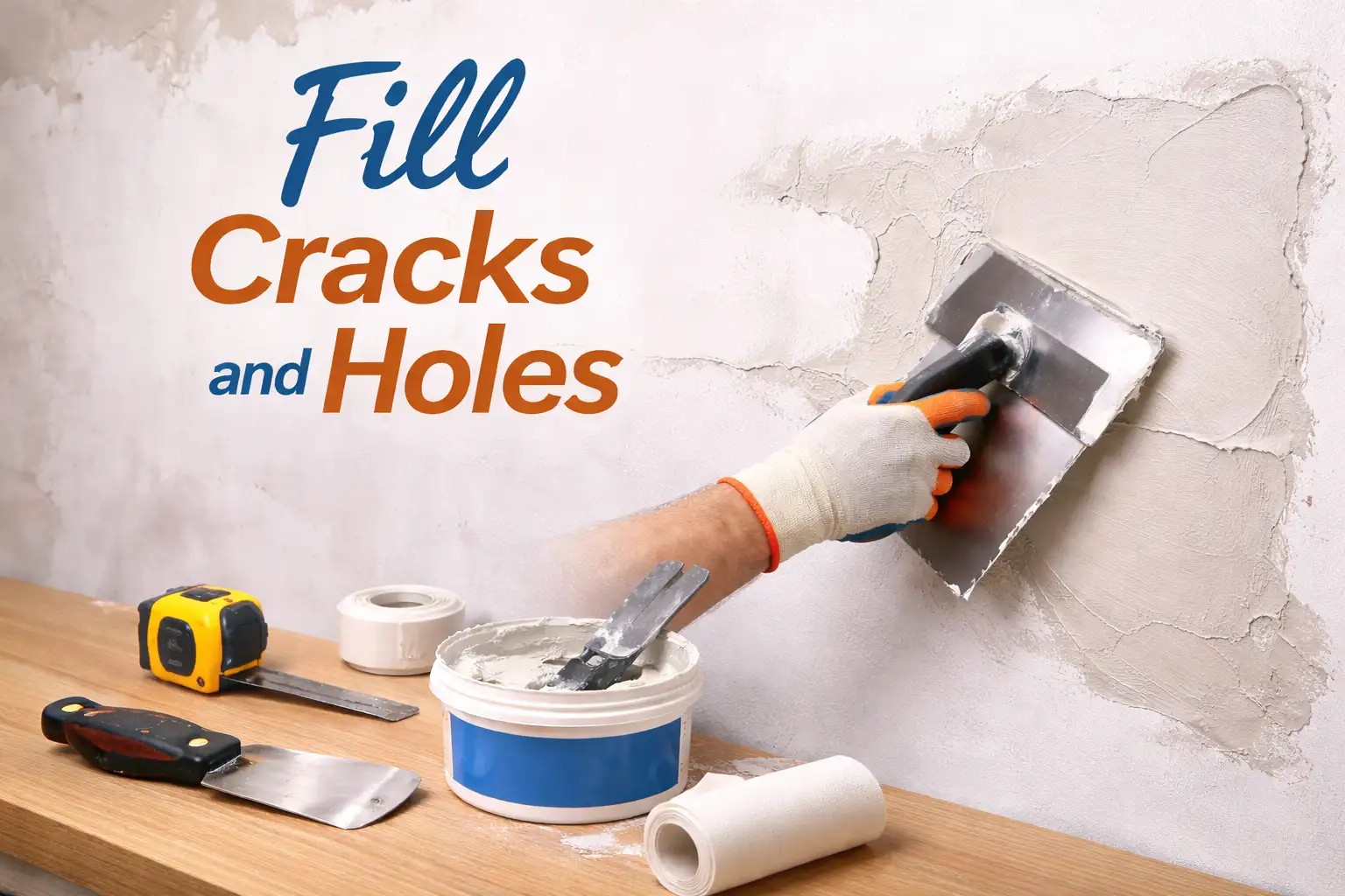 Worker using a putty knife to apply wall patching compound while filling cracks and holes in a wall, with repair tools and spackle placed on a wooden workbench.