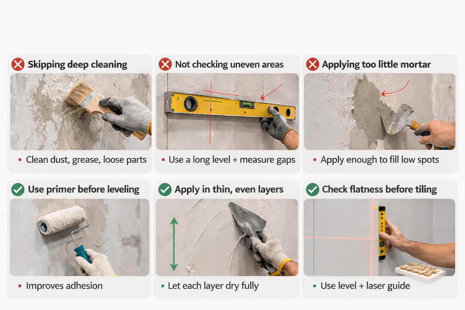 Infographic showing common mistakes and correct methods for leveling a wall before tiling.