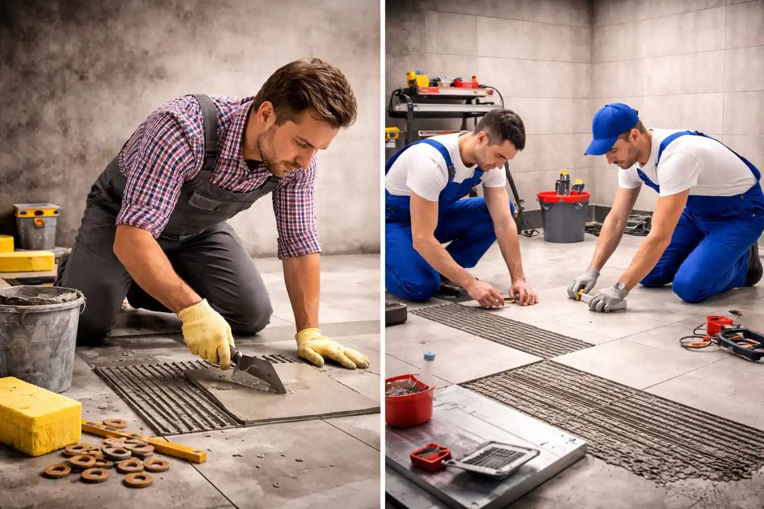 Workers laying floor tiles and applying adhesive.