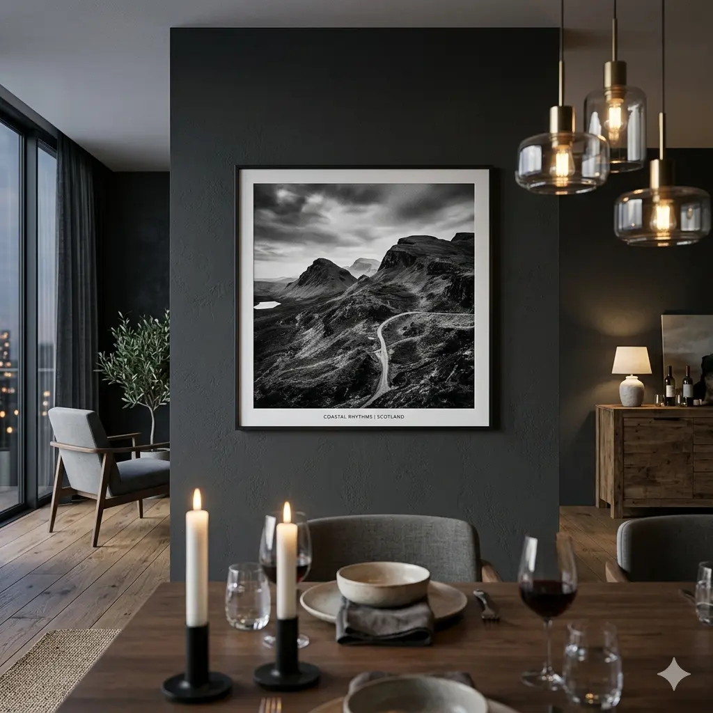 Dining room wall art viewed from seated perspective — large black and white framed landscape print