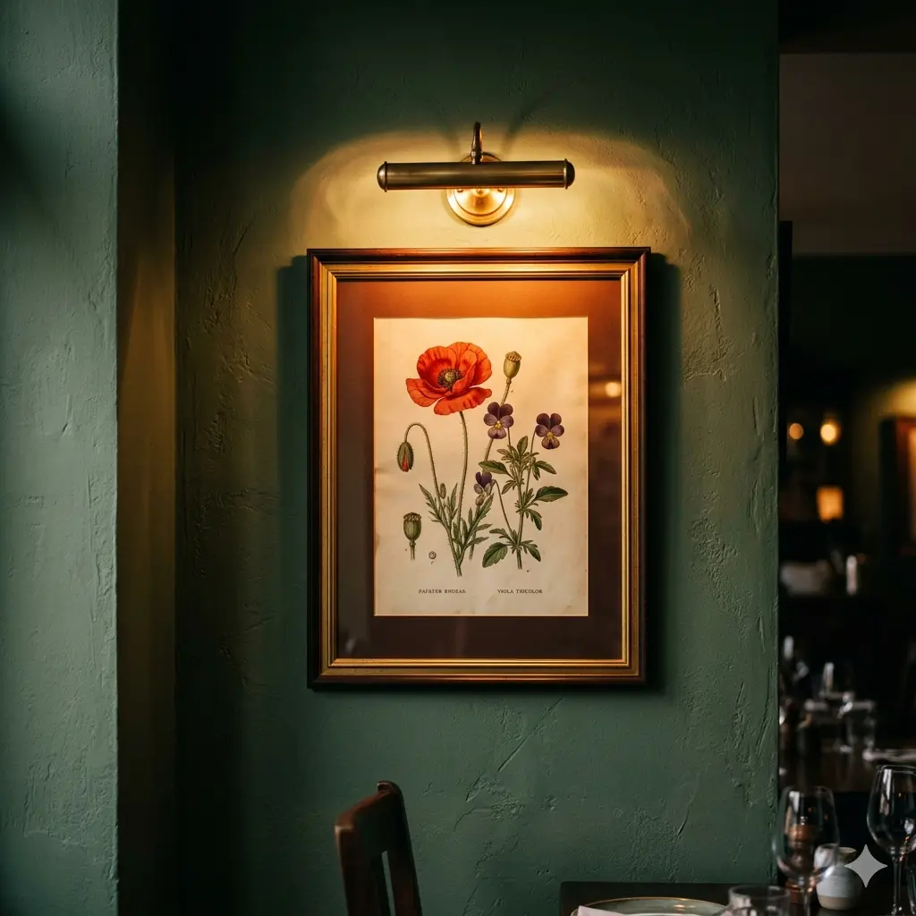 Dining room wall art with picture light — warm directional lighting illuminating framed botanical print