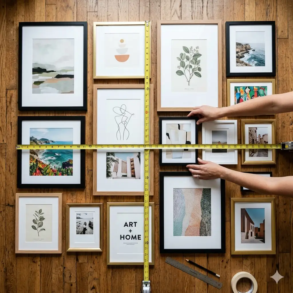 Dining room wall art with picture light — warm directional lighting illuminating framed botanical print