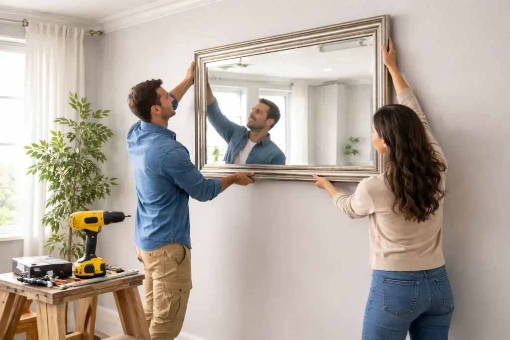 carefully installing a large wall mirror using proper tools to ensure safe and secure mount