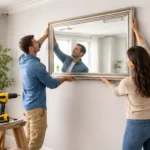 carefully installing a large wall mirror using proper tools to ensure safe and secure mount