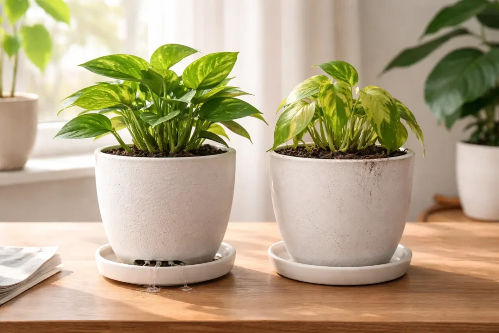 Two indoor plants in pots on a wooden table, one healthy with drainage holes and one overwatered without drainage