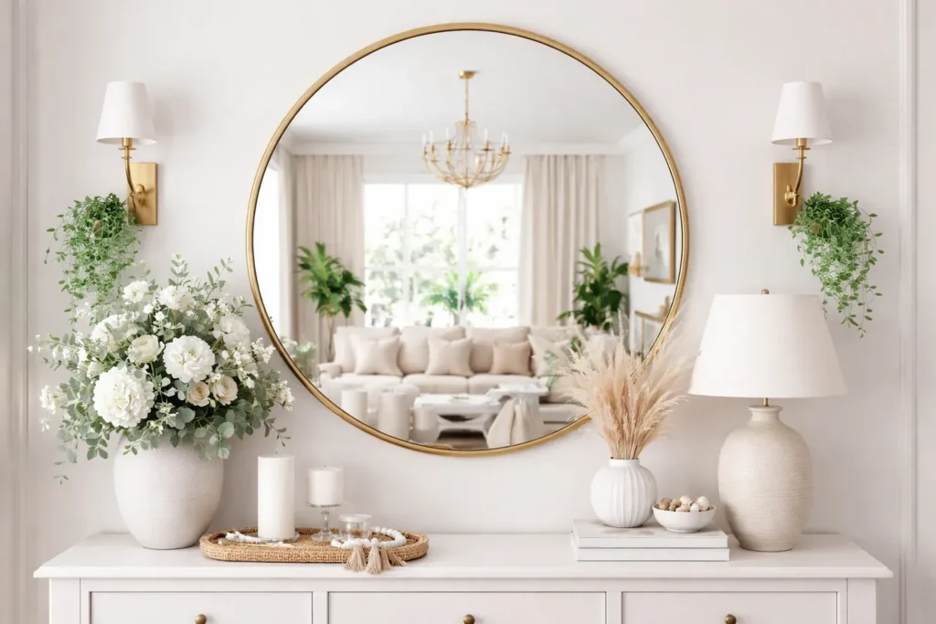 round wall mirror decorated with console table, flowers, candles, and plants in a modern living room