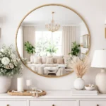 round wall mirror decorated with console table, flowers, candles, and plants in a modern living room
