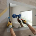 Carefully removing a wall mirror using suction cups and tools to ensure safe and damage-free removal.