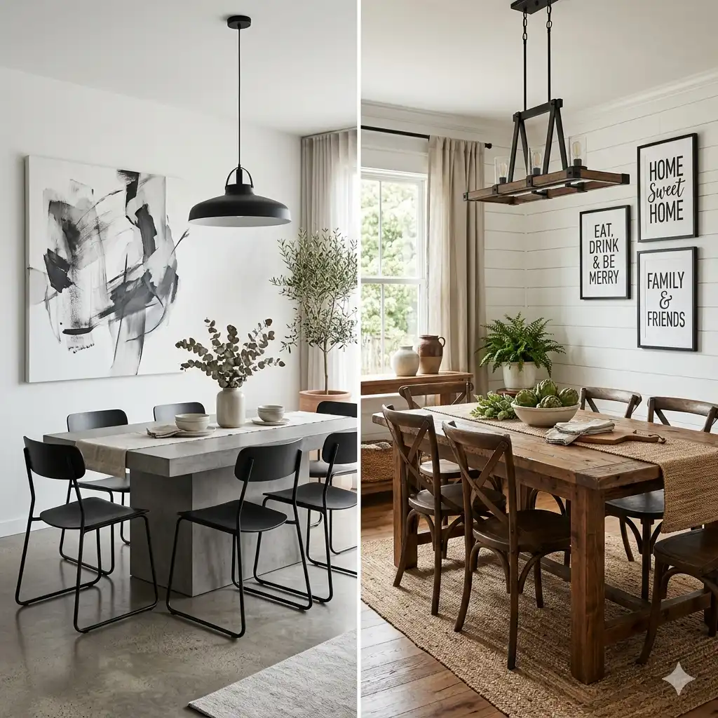 Modern vs farmhouse dining room wall art style comparison — abstract canvas versus typography prints