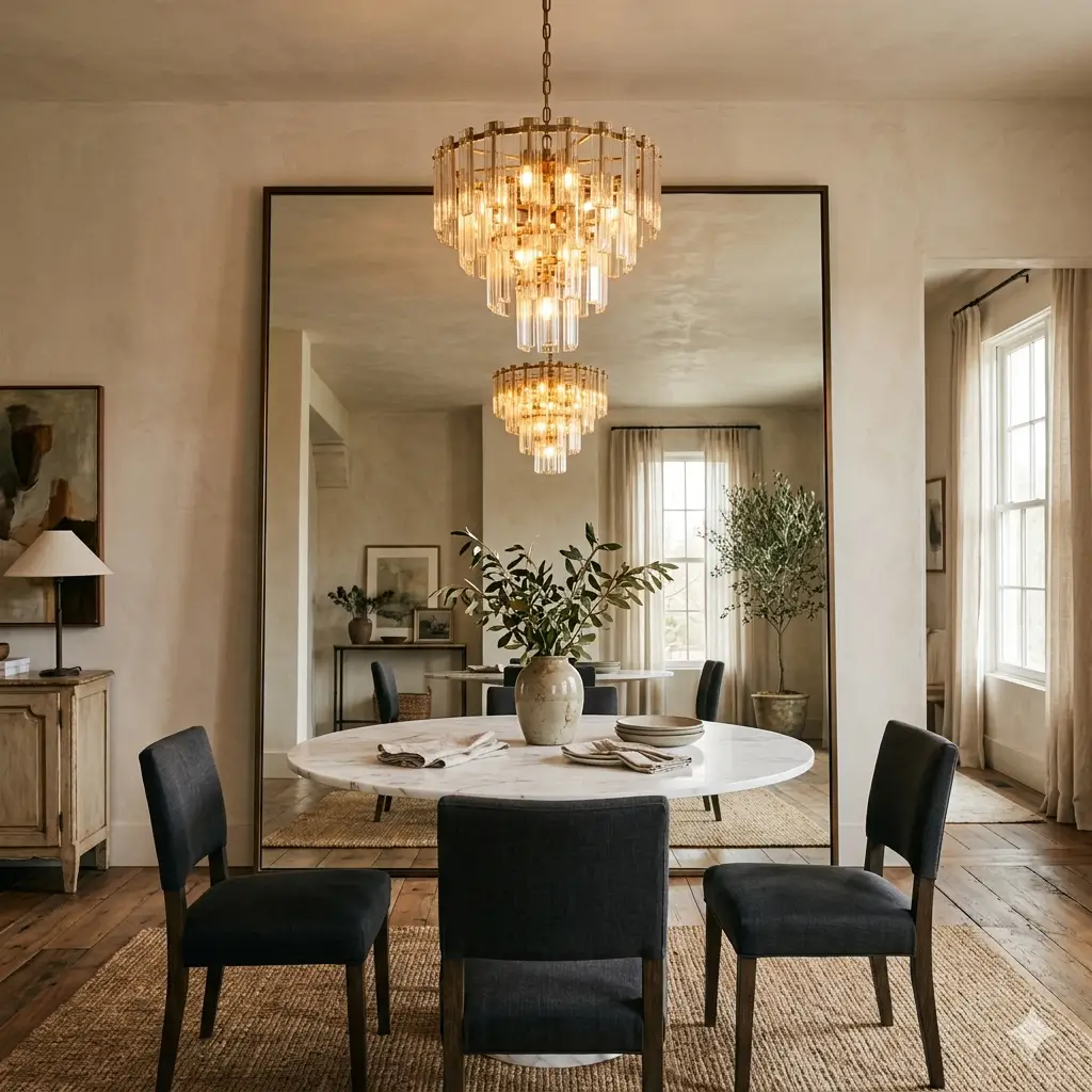 Oversized leaning mirror in dining room reflecting chandelier — dining room wall decor alternative to framed art
