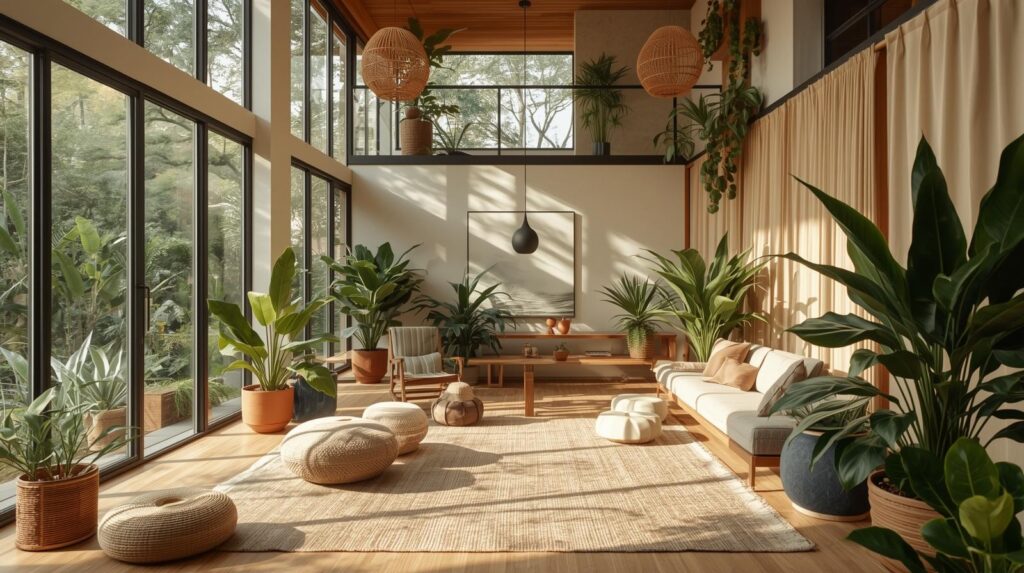 Minimal eco-friendly interior design showing curated green interiors with natural materials and indoor greenery.