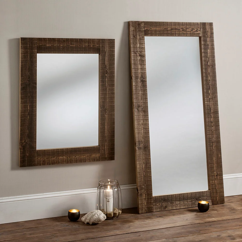 Rustic reclaimed wood wall mirrors with thick natural grain frames, adding a warm farmhouse charm to the space.