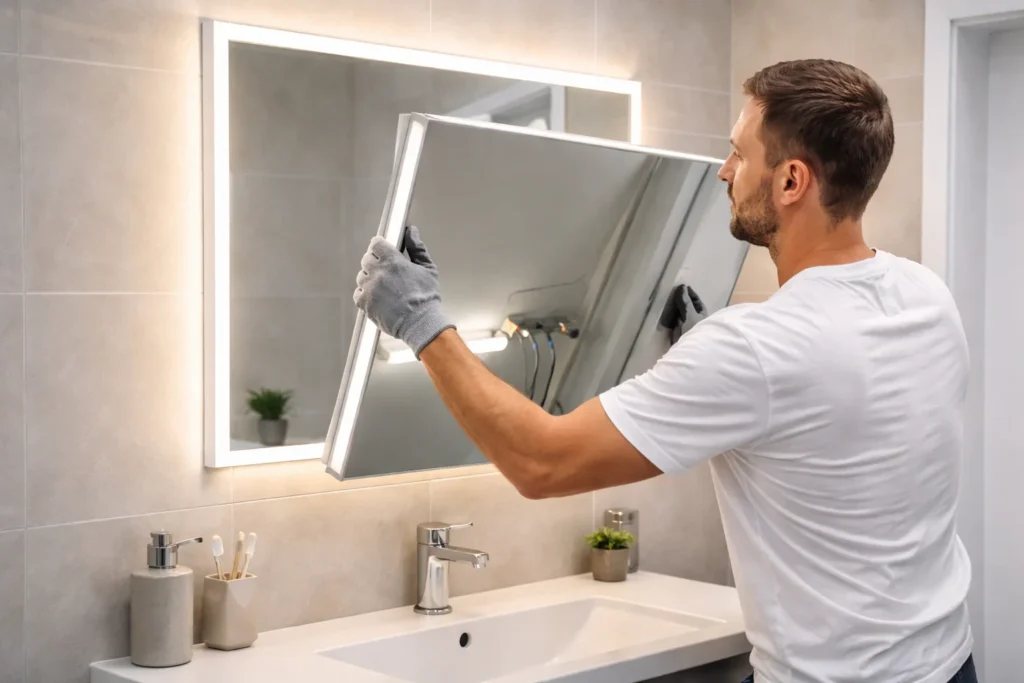A homeowner carefully removing a bathroom mirror from the wall while wearing protective gloves to ensure safe and damage-free removal.