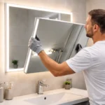 A homeowner carefully removing a bathroom mirror from the wall while wearing protective gloves to ensure safe and damage-free removal.
