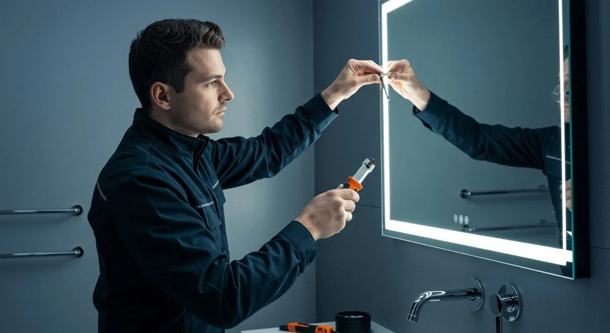A professional carefully removes a wall-mounted mirror using the proper tools to ensure safe and damage-free removal.