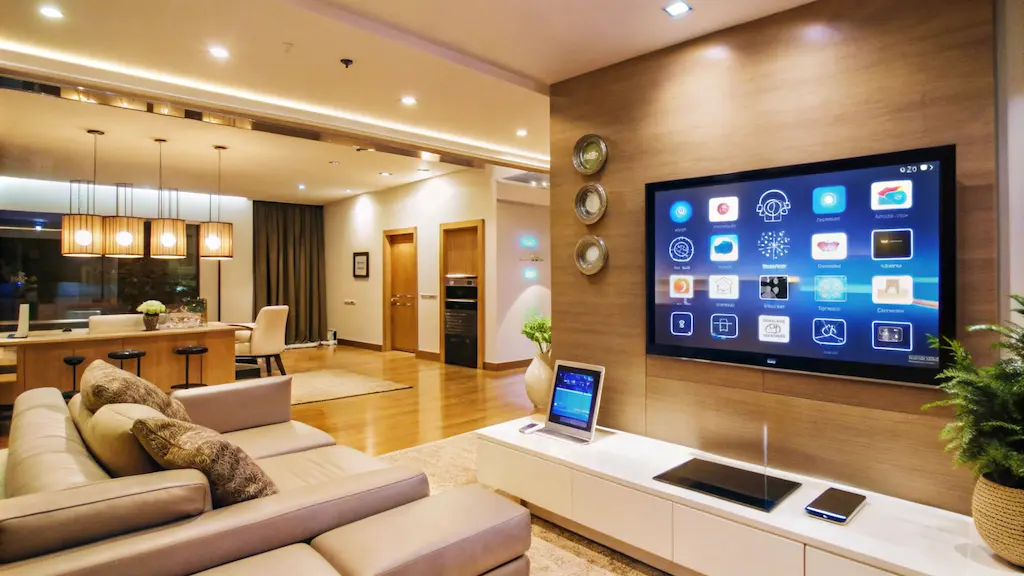 Modern open-concept living room with warm lighting, featuring a large wall-mounted smart home control screen displaying app icons, a tablet on a white media console, a beige sectional sofa, and a kitchen with pendant lights in the background.