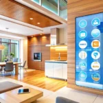 Modern smart home interior featuring a connected kitchen and dining area with a large wall-mounted touchscreen displaying smart appliance controls and home automation icons.