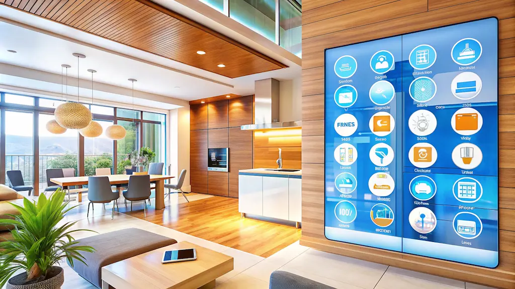 Modern smart home interior featuring a connected kitchen and dining area with a large wall-mounted touchscreen displaying smart appliance controls and home automation icons.