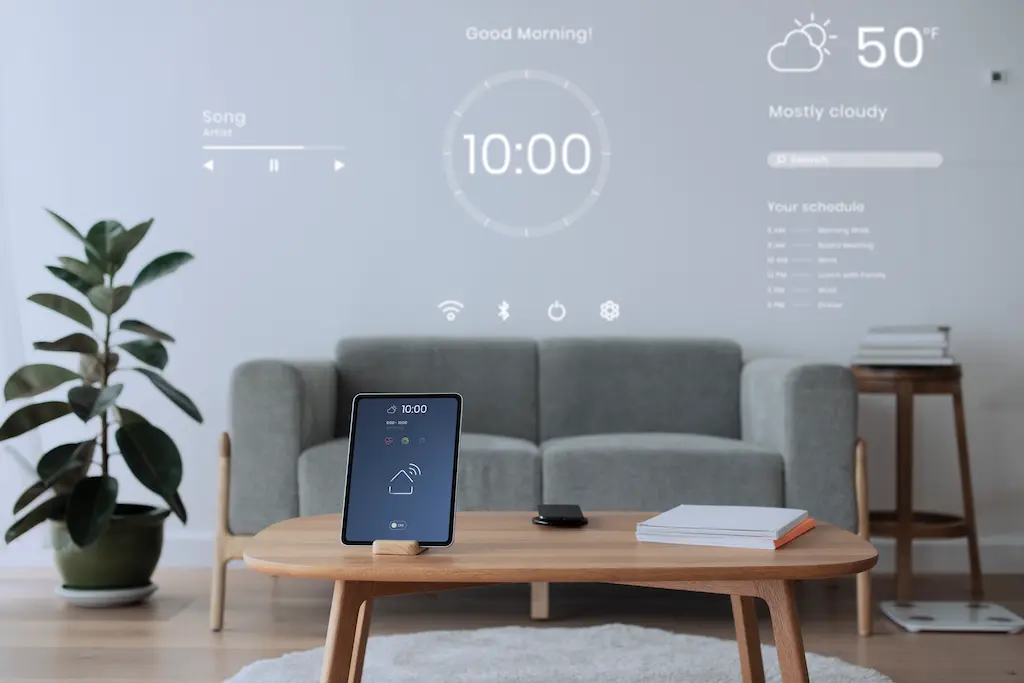 Alt text: A modern living room with a sofa and coffee table, featuring a tablet displaying a smart home app; a large projected interface on the wall shows the time, weather, music controls, and daily schedule.