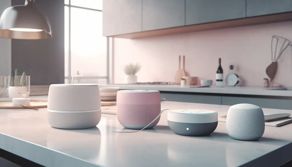 Multiple smart home devices and voice assistants placed on a modern kitchen counter in a smart home setup.