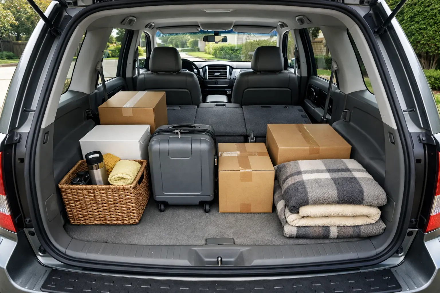Interior cargo space of a 2006 Honda Pilot SUV showing two wooden doors wrapped in blankets and secured with yellow ratchet straps, demonstrating safe transport techniques.