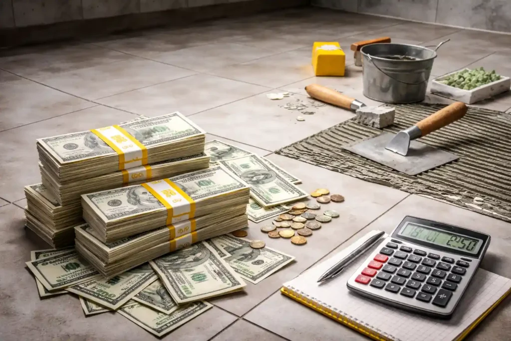 Stacks of cash placed on a tiled floor alongside tiling tools, adhesive, coins, and a calculator showing construction costs.