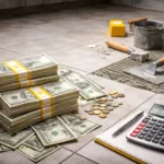 Stacks of cash placed on a tiled floor alongside tiling tools, adhesive, coins, and a calculator showing construction costs.