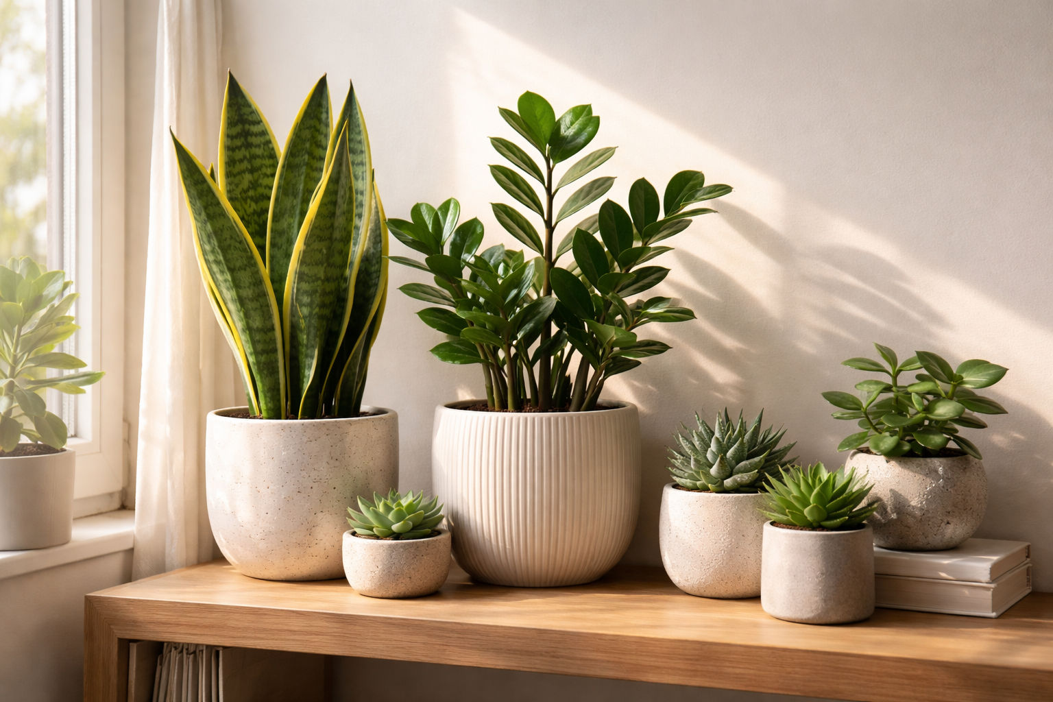 Low-maintenance indoor plants including snake plant, ZZ plant, and succulents in decorative pots without drainage holes on a wooden shelf near a window