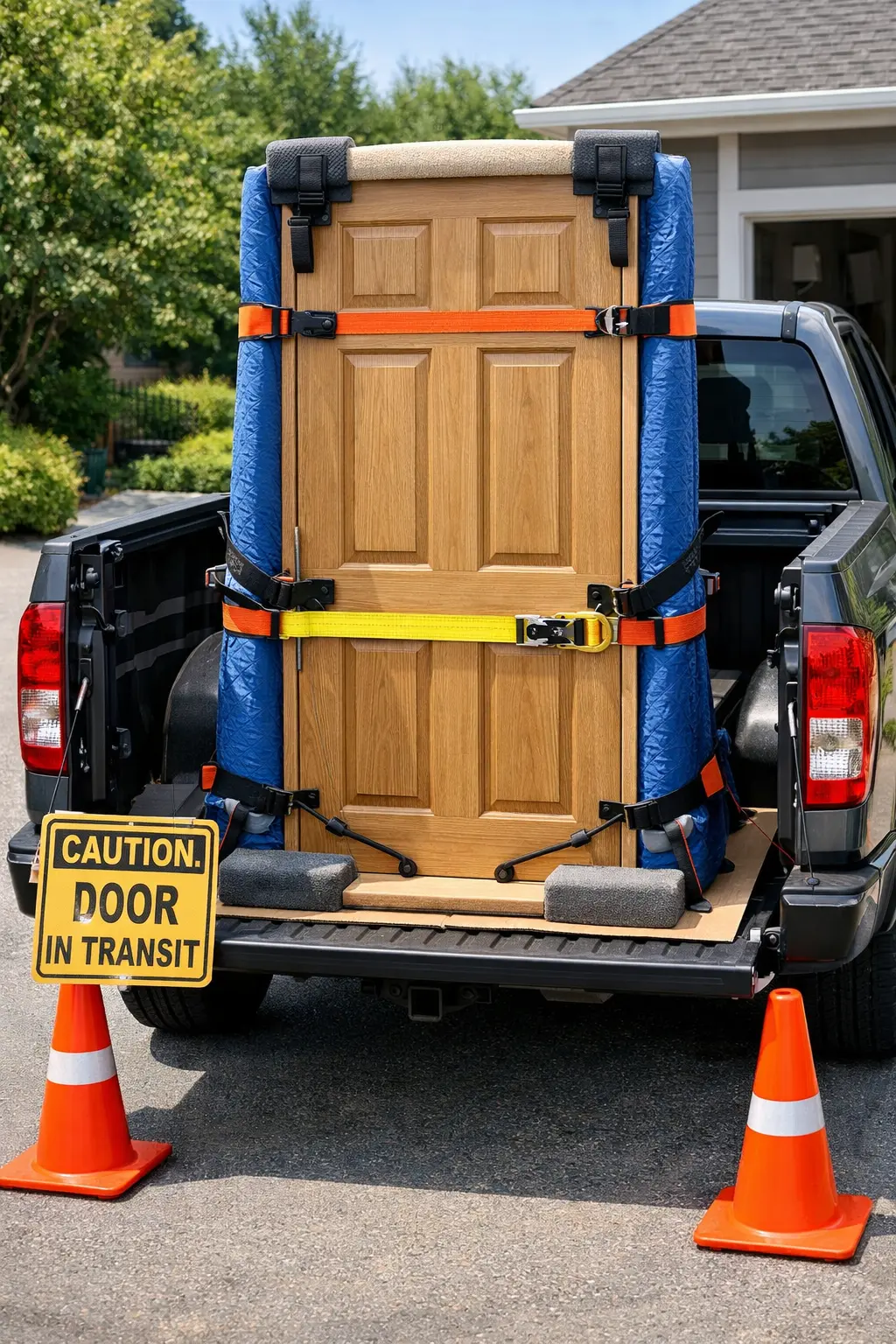 A wooden door secured upright in the bed of a pickup truck with padded blankets and colorful ratchet straps, accompanied by traffic cones and a caution sign reading “Door in Transit.
