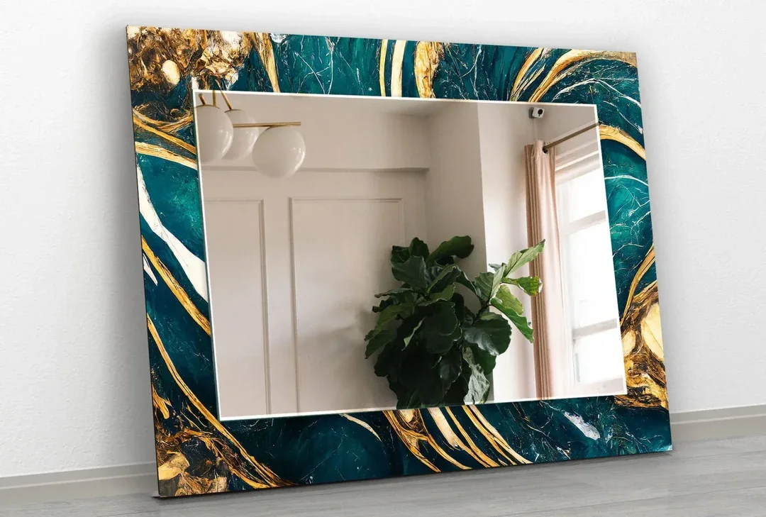 This is an Abstract Green and Gold Wall Mirror Resin frame, a modern decor piece featuring UV-printed marble patterns on tempered glass