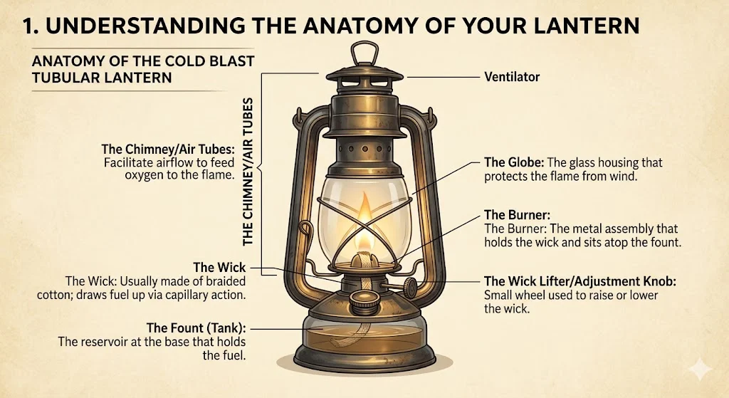 An educational anatomy diagram of a classic brass and glass tubular oil lantern, featuring precise labels and definitions for key components including the fount tank, wick adjustment knob, burner assembly, and globe.