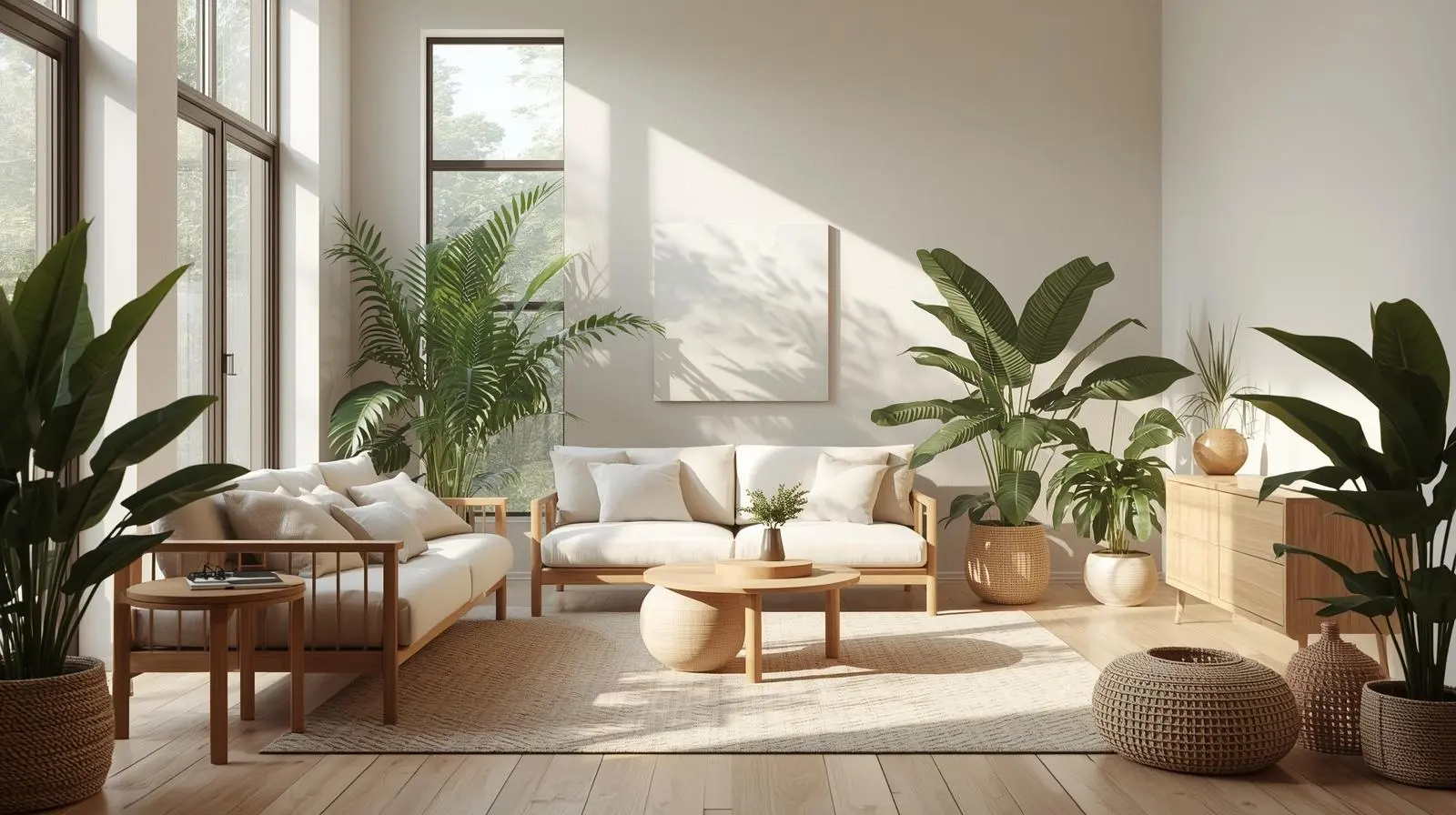 A modern eco-friendly living room with natural light, indoor plants, and furniture made from sustainable materials, representing environmentally conscious interior design.